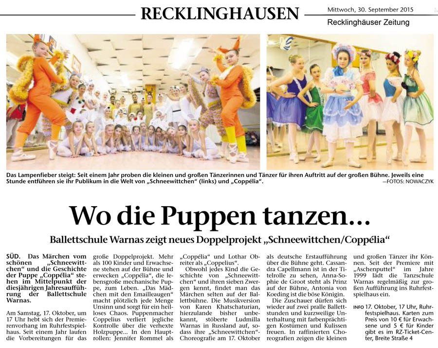 Tageszeitung, Ausgabe: Recklinghäuser Zeitung, vom: Mittwoch, 30. September 2015